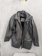 Leather Full Zip Coat With Hood, Black Jacket Men s Size Medium, Zipper Is Bad