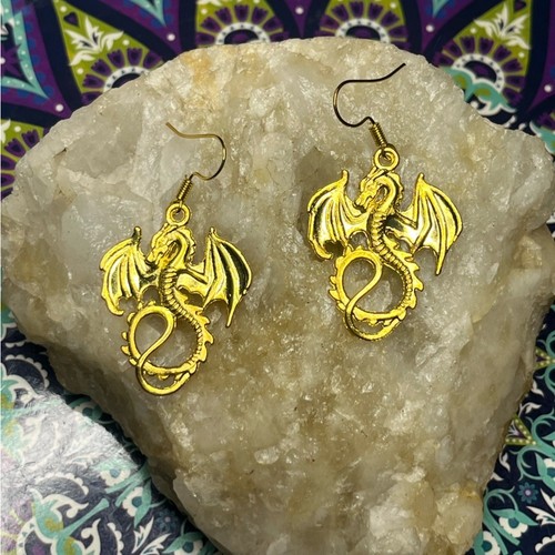 Golden Lucky Dragon Drop Dangle Avant-Garde Mystical Earrings -New - Picture 5 of 16