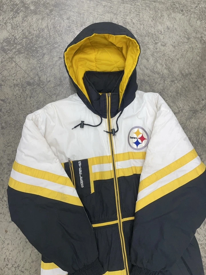 Jaqueta Parka Masculina Vintage Anos 90 Pittsburgh Steelers Zíper Completo com Capuz Grande Pesada - Imagem 2 de 4
