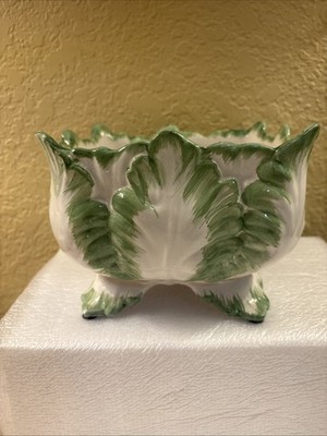 Mottahedeh Italian Cachepot, Green Leaf Design Hand Painted Planter Chips (ofc