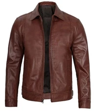 Brown Leather Harrington Men's Tall Cut Jacket with Classic Zip-Up Style