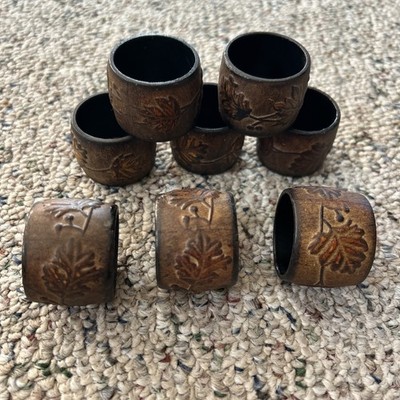 Lot of 8 Better Homes & Garden Faux Copper Wooden Napkin Rings Leaf Design Party