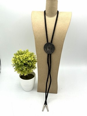 Vintage Geometric Star Motif Bolo Tie Pewter Tone Disc Black Braided Cord