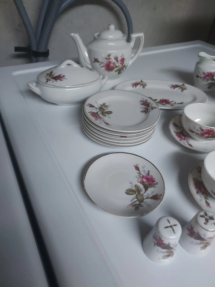 1950-е Винтажный Детский Чайный Набор Moss Rose China 25 Изделий, Японский Знак Журавля - Изображение 2 из 4