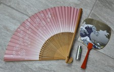 2 Vintage Wood & Paper Japanese Folding Fans Cherry Blossom Great Wave Kanagawa
