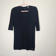 T Tahari Women Black V Neck Thin Knit Sweater Size Large Minimalist Ribbed