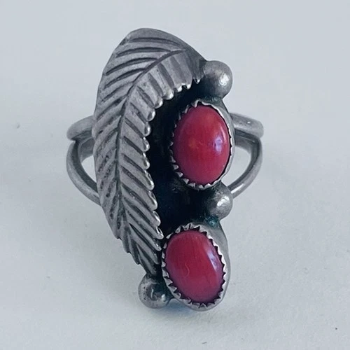 Vintage Native American Navajo Sterling Silver Red Coral Ring Signed KC Size 5