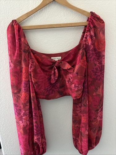 For Love & Lemons Floral Puff Sleeve Crop Top Sweetheart Tie Front Multicolor  S