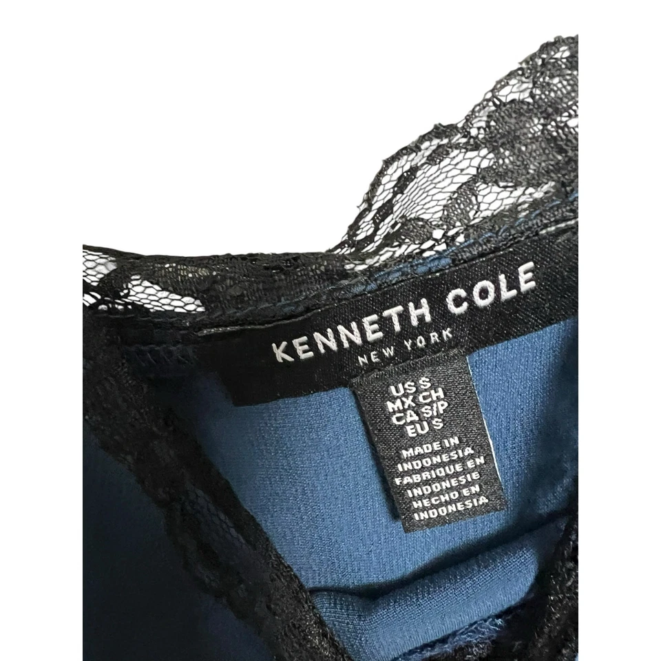 Kenneth Cole Camisola Azul Satinado Negro Encaje Coqueta S Pequeña Foto 2 de 4