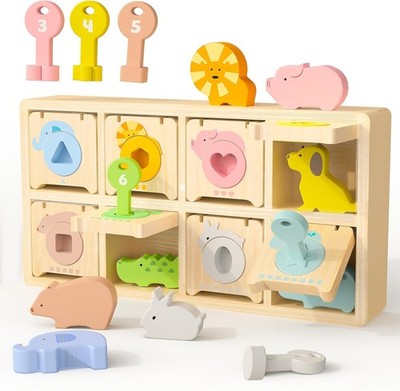 Montessori Toys for 2 year Old,Wooden Keys and Locks Set With 8 Wooden Animals a