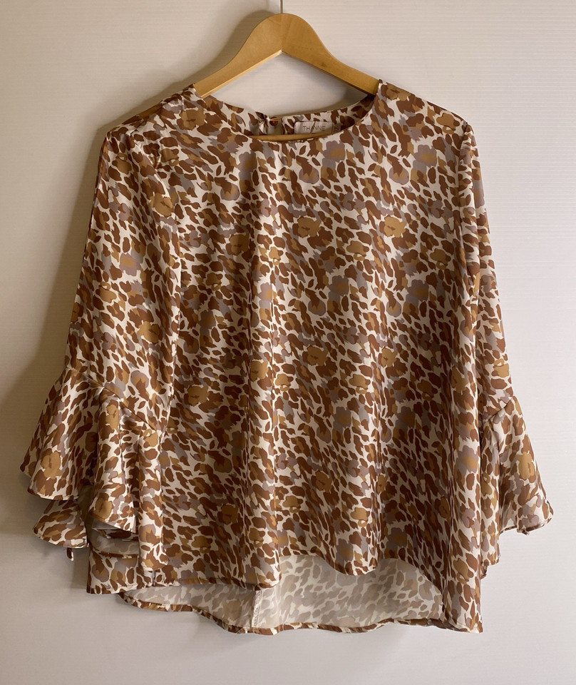 Thanne Top Blouse Women 12 Brown White Animal Print Tunic Ruffle Sleeves Career