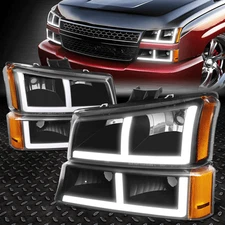 [F-LED DRL]FOR 03-07 CHEVY SILVERADO AVALANCHE HEADLIGHT HEAD LAMPS BLACK/AMBER