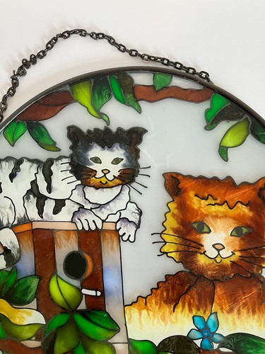 2 Vintage Round Stained Glass Suncatchers 10" Cats and Flowers - Picture 16 of 20