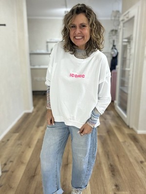 Oversized Basic Sweater Weiß ''ICONIC'' Neon Front-& Backprint Onesize (H3)