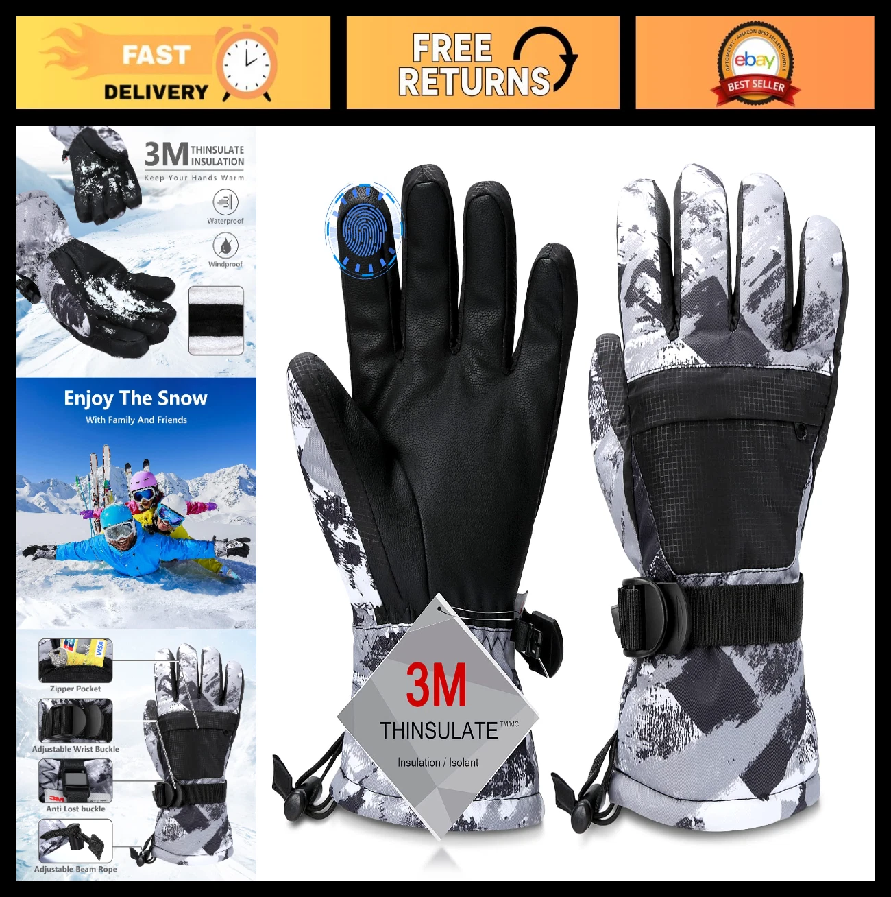 Waterproof Breathable Ski Gloves for Cold Weather - Unisex Snow Gloves for All A