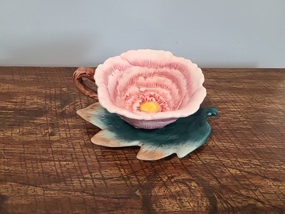 CornerRuby Garden Collection Pink Peony Flower Teacup and Green Leaf Saucer Set