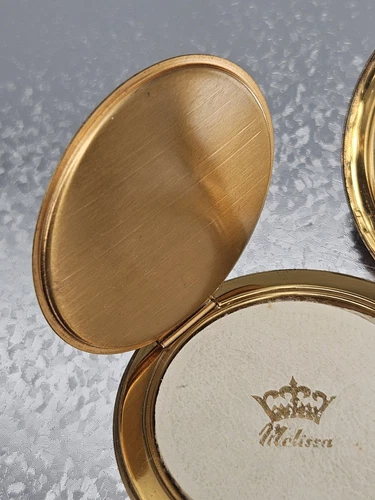 ヴィンテージ メリッサ コンパクト 1950年代 パウダー レディース 金箔 フェイク 真珠層 モップ ラウンド - 画像8/14