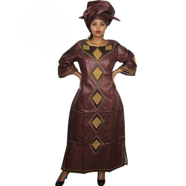 African Dresses For Women Embroidered Bazin Long Clothing with Scarf X21250