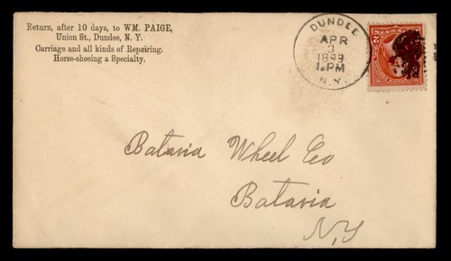 DR WHO 1899 DUNDEE NY FANCY CANCEL ADVERTISING CARRIAGE REPAIR CO m14821