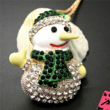 Betsey Johnson Dk Green Enamel  Crystal Snowman Pendant Long Sweater Necklace
