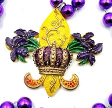Fleur de Lis Crown Mardi Gras Bead Necklace New Orleans Royal Parade Carnival