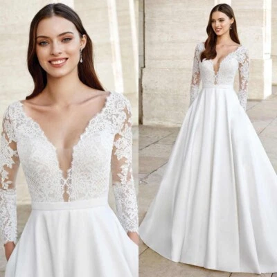 Brautkleid Hochzeitskleid A-Linie V-Ausschnitt Spitze Langarm Weiß Ivory 38 40 - Bild 1 von 4