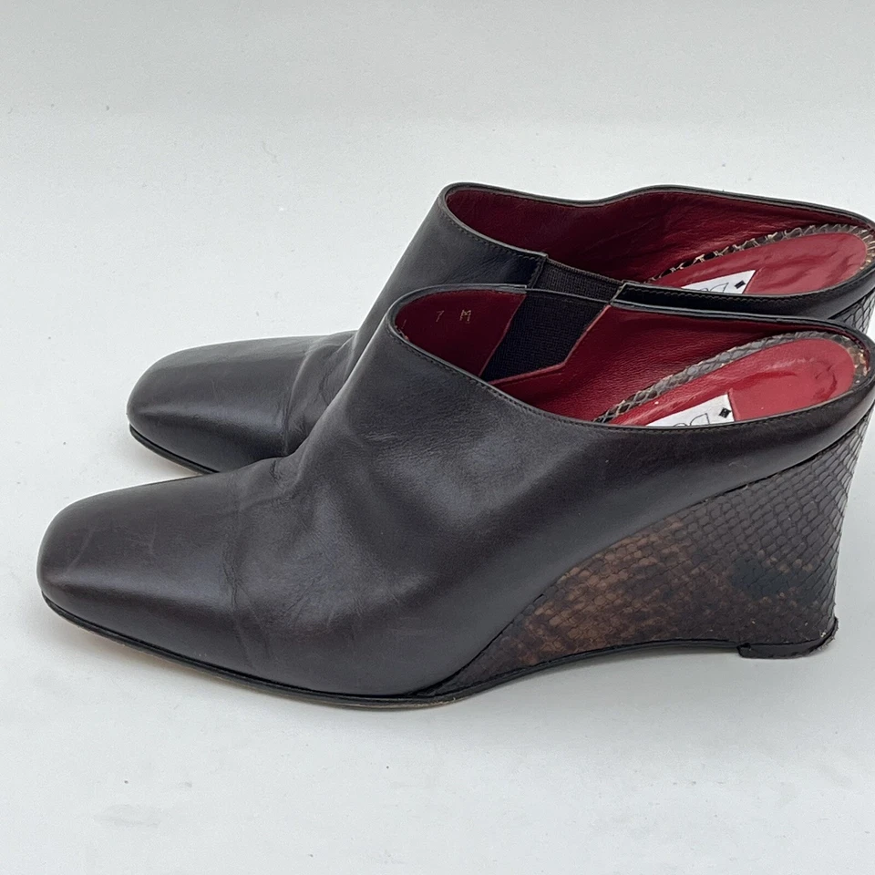 DONALD J PLINER Mules 7 Leather Embossed Snakeskin Python Wedge Heels Spain Boho - Image 4 of 4