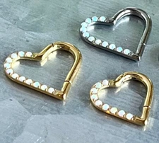 1pc Solid Titanium Half Opals Heart Hinged Segment Ring Helix Septum Clicker