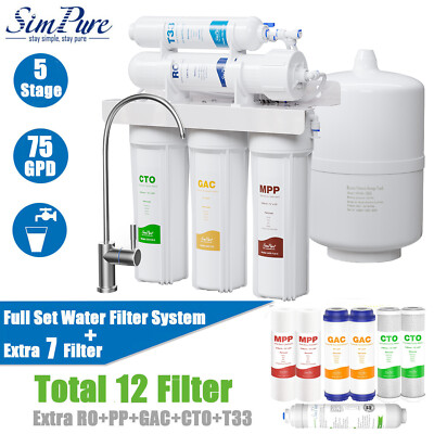 Simpure 5 Stage 75GPD Reverse Osmosis Water Filter System Filtration + 7 Filters