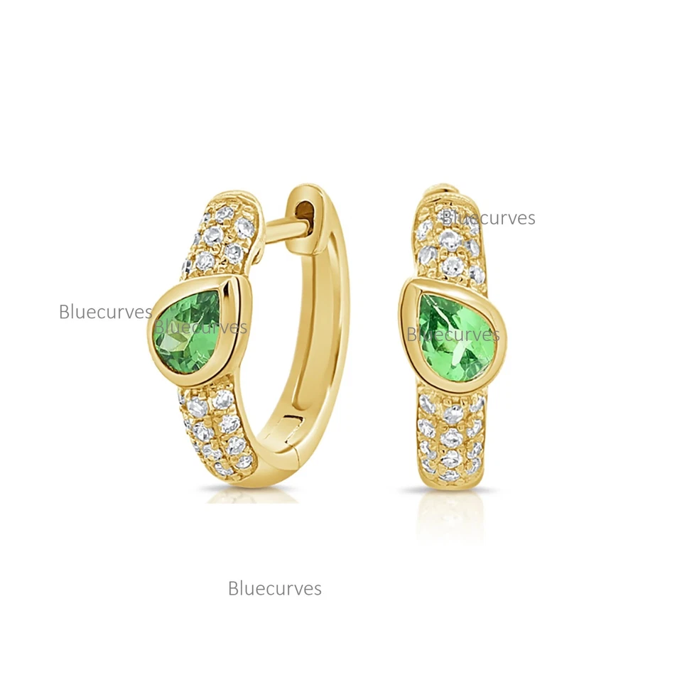 Pear Cut Peridot Gemstone &Pave Natural Diamond Hoop Earrings in 14k Yellow Gold - Image 2 of 4