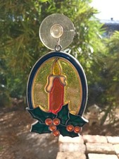 Vtg 1970's Quality CHRISTMAS CANDLE HOLLY Stained Glass Suncatcher Glitter
