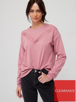 V by Very Lace Insert Long Sleeve T-Shirt - Rose UK 12 RRP £18