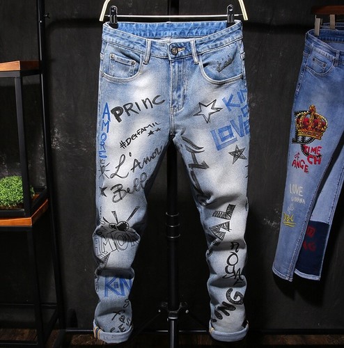 New Fashion Men's Graffiti Jeans Slim Fit Stretch Distressed Blue Pants |  eBay