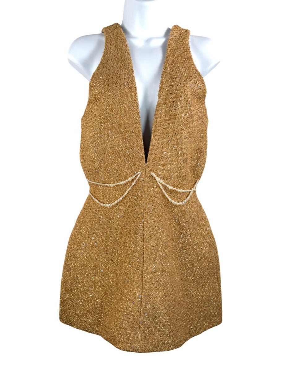 Chou Chou sparkly tweed mini Y2K pearl detail dress gold sz M