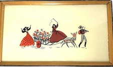 Vintage Mexican Painted Glass Wood Tray Folk Art Musician & Dancers Donkey Cart