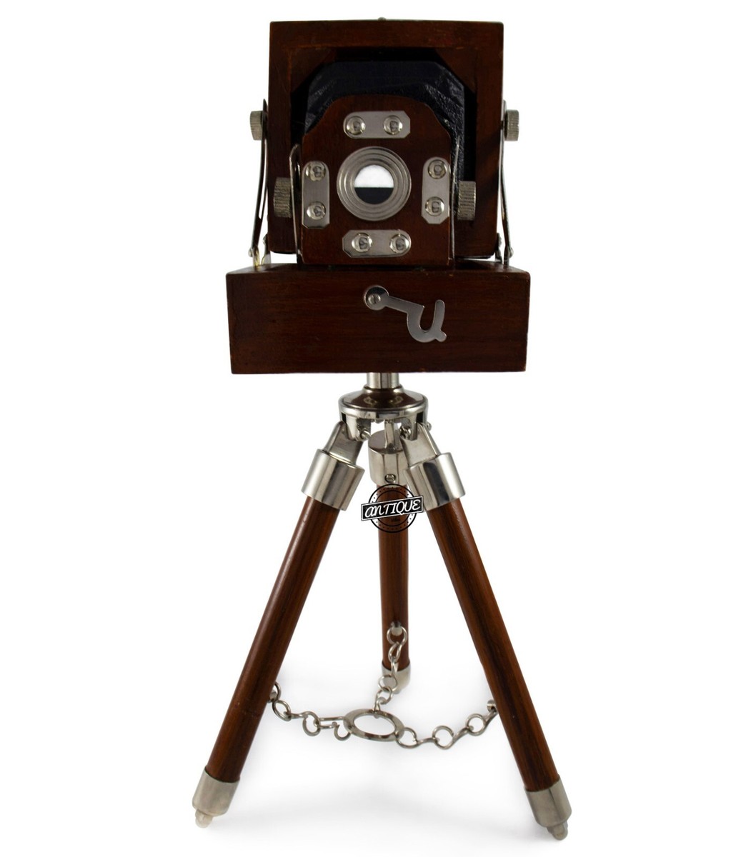 Vintage Old Camera with Wooden Tripod Stand Antique Style Desk/ Table Top  Decor
