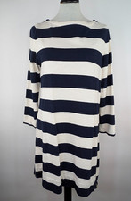 J.Crew Dress Small Navy Blue Ivory Stripe Boat Neck 3/4 Slv Zipper Side Cotton