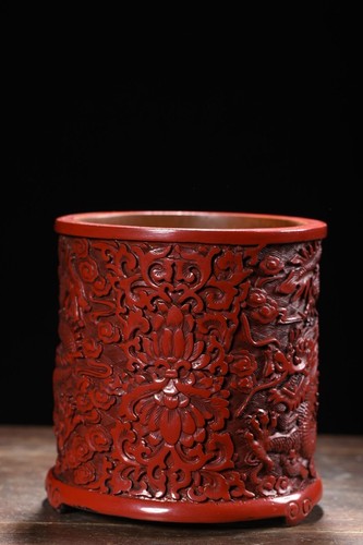 China Antique Vintage Lacquerware Carved Dragon Pattern Statue Nice Brush Pots  - Bild 5 von 10