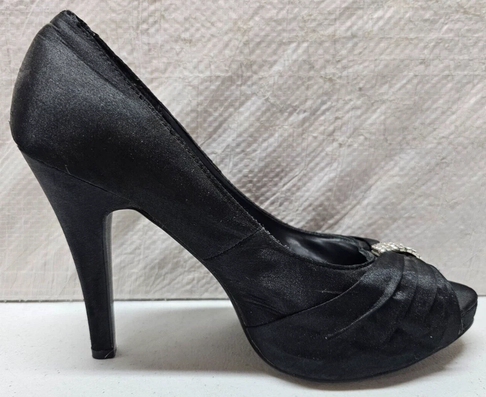 Wild Diva Feminino Tamanho 8.5 Preto Bombas Stiletto 4" Salto Peep-Toe Strass Bling - Imagem 4 de 4