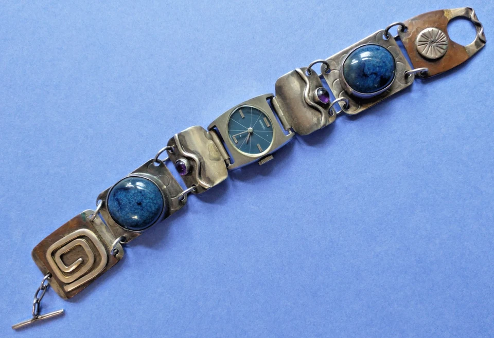 Pulsera de plata esterlina firmada "JLK" Jennie Lorette Keatts con reloj de pulsera SEIKO Foto 2 de 4