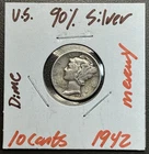1942 - 10C Mercury Dime / 90% Silver Coin.