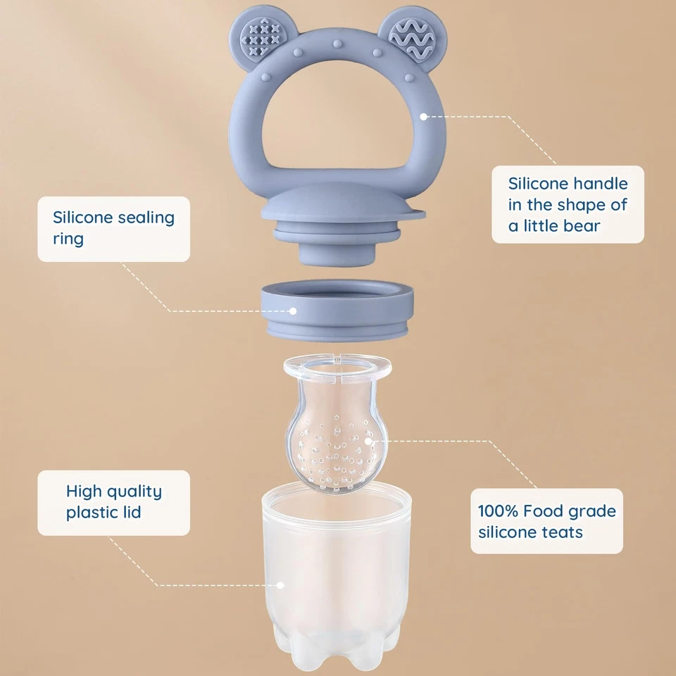 Pack de 2 comederos de silicona para frutas para bebés con mini bandeja congelador, paleta de leche materna... Foto 2 de 4