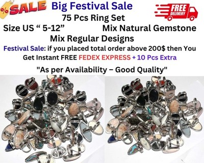 75 Pcs Ring Mix 925 Silver Plated Natural Gemstones Mix Designs Us 5-12 Size GW
