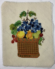Fruit in Basket Completed Needlepoint Canvas 10.5 x13.5" As Is