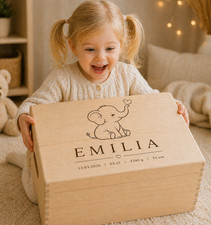 Geschenk zur Geburt personalisierte Holzkiste Baby mit Name Gravur Elefant XL