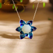 Silver Plated Hetian Jade Cloisonne Lotus Pendant Necklace Women