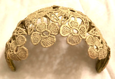 Vtg Hat Fascinator Ecru Taupe Crochet Lace Flowers Retro MCM 50s Easter Derby