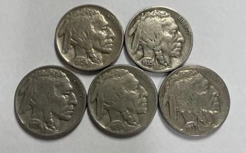 1926 1935 1935-D 1936 1937 Buffalo Nickel Lot of 5