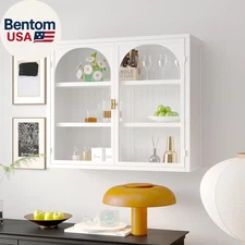 Retro Style Haze Double Glass Door Wall Cabinet with Detachable Shelves for Offi