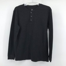 Thermal Henley Shirt Men Medium Black Waffle Knit 3 Button Collar Layer Pullover